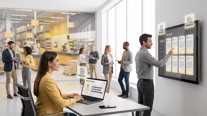 Almacenes Éxito Colombia: Sucursales, Horarios, Servicios y Más. 6 Personas consultando vacantes y oportunidades de empleo en Almacenes Éxito a través de plataforma digital y pantalla interactiva