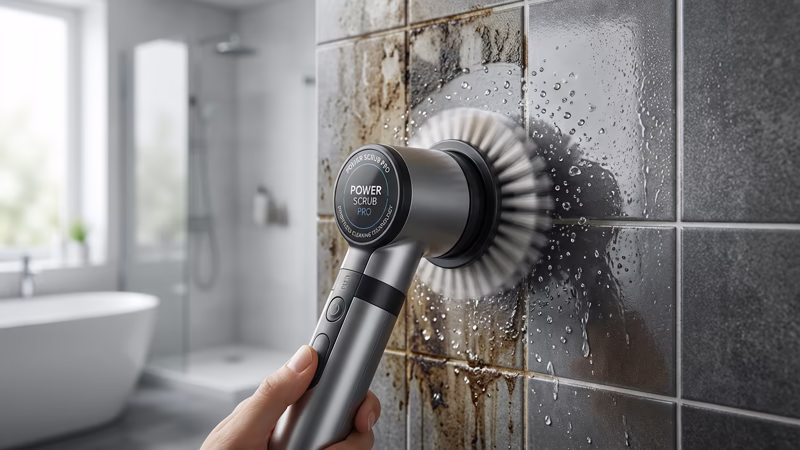 Cepillo eléctrico Power Scrub Pro limpiando azulejos sucios de ducha con rotación de alta velocidad y agua