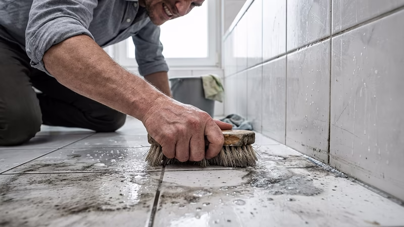 Hombre limpiando con esfuerzo el suelo del baño con cepillo manual, alternativa al cepillo eléctrico para juntas