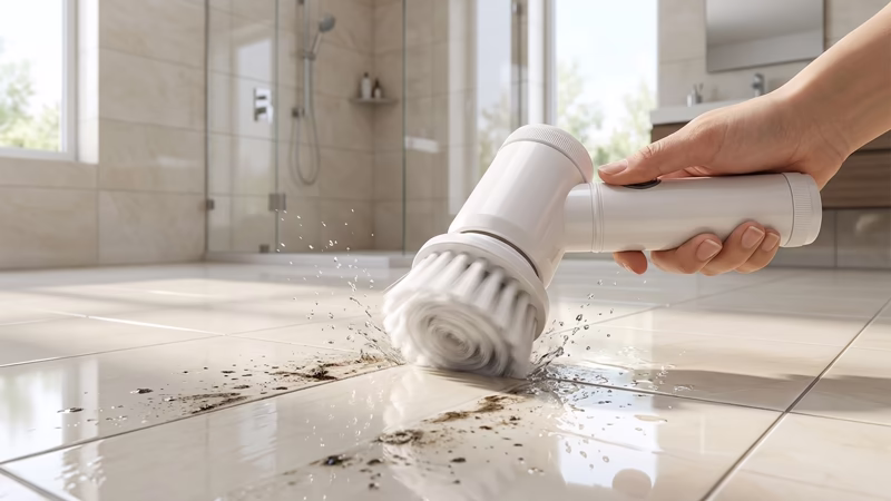Cepillo eléctrico blanco eliminando suciedad y moho en juntas del piso del baño con salpicaduras de agua