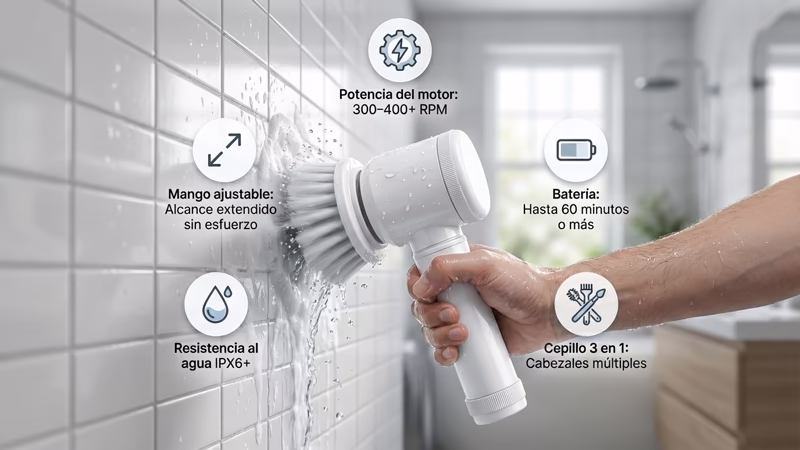 Infografía del cepillo eléctrico 3 en 1: motor 300-400 RPM, batería 60 minutos, resistencia al agua IPX6 y mango ajustable.