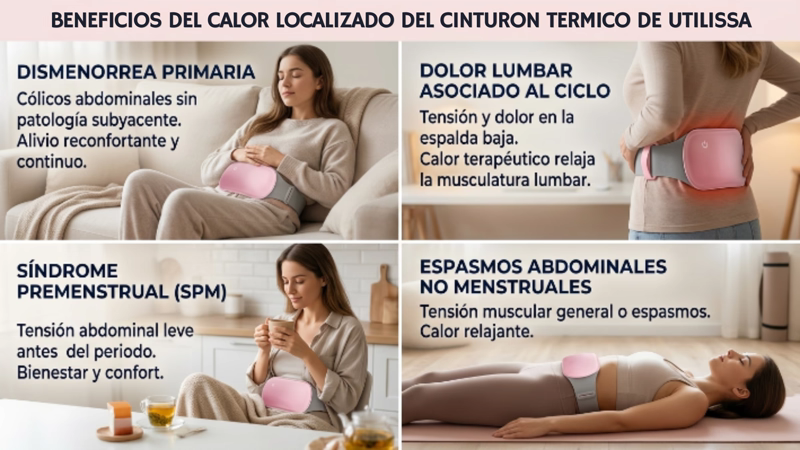 Cinturón para Cólicos: ¿Funciona? 11 Infografía con los 4 beneficios del cinturón para cólicos térmico de Utilissa: dismenorrea primaria, dolor lumbar, síndrome premenstrual y espasmos abdominales