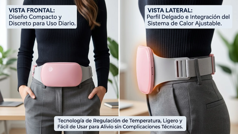Cinturón para Cólicos: ¿Funciona? 12 Vista frontal y lateral del cinturón para cólicos menstruales mostrando su diseño compacto discreto y perfil delgado para uso diario