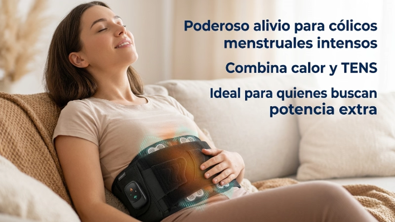 Cinturón para Cólicos: ¿Funciona? 13 Mujer aliviando cólicos menstruales intensos con cinturón para cólicos que combina calor terapéutico y tecnología TENS para potencia extra