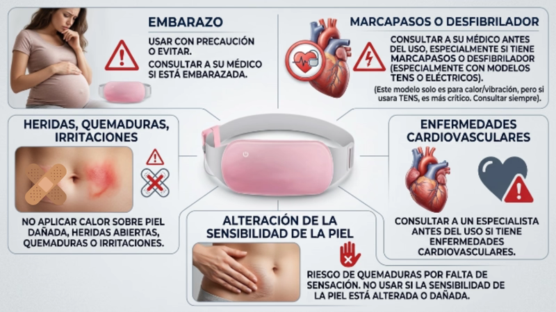 Cinturón para Cólicos: ¿Funciona? 14 Infografía con las 5 contraindicaciones del cinturón para cólicos: embarazo, marcapasos, heridas en la piel, enfermedades cardiovasculares y alteración de la sensibilidad cutánea