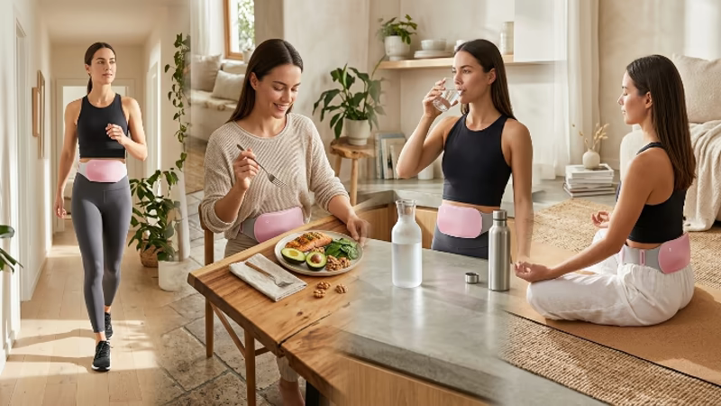 Cinturón para Cólicos: ¿Funciona? 15 Cuatro mujeres usando el cinturón para cólicos menstruales mientras hacen ejercicio comen saludable toman agua y meditan para un alivio integral del dolor menstrual