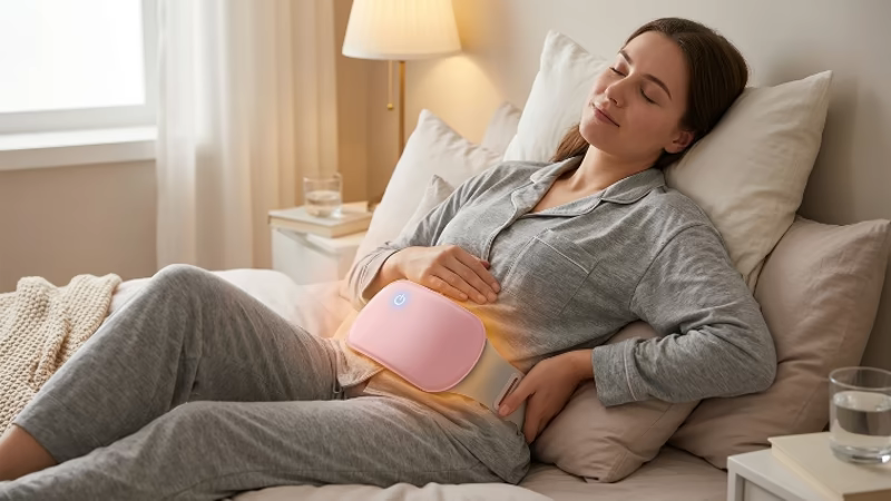 Cinturón para Cólicos: ¿Funciona? 2 Cinturón para cólicos menstruales aplicando calor terapéutico en la zona abdominal y lumbar.