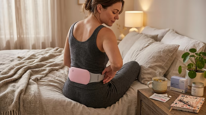 Cinturón para Cólicos: ¿Funciona? 3 Cinturón para cólicos aplicando calor terapéutico sobre la zona lumbar para aliviar el dolor menstrual
