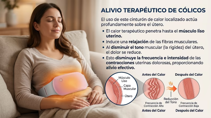 Cinturón para Cólicos: ¿Funciona? 4 Infografía que explica cómo funciona el cinturón para cólicos reduciendo las contracciones uterinas con calor terapéutico.