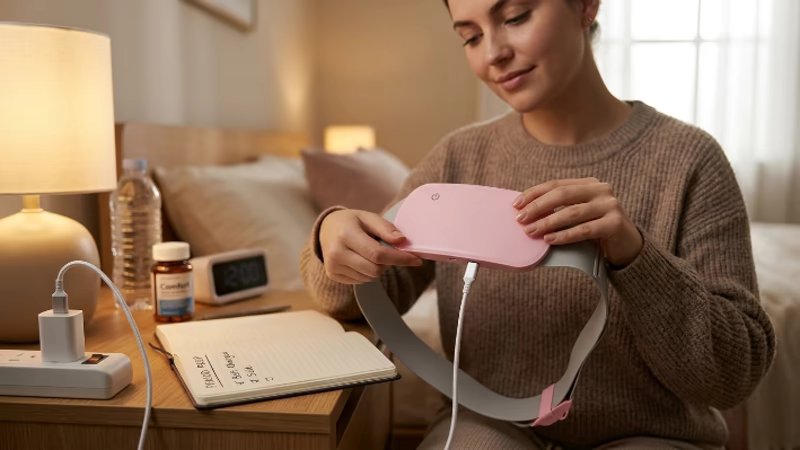 Cinturón para Cólicos: ¿Funciona? 5 Mujer cargando el cinturón para cólicos recargable antes de usarlo para aliviar el dolor menstrual