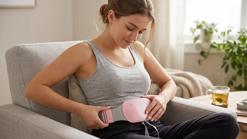 Cinturón para Cólicos: ¿Funciona? 6 Mujer colocando el cinturón para cólicos menstruales sobre el abdomen para aliviar el dolor menstrual
