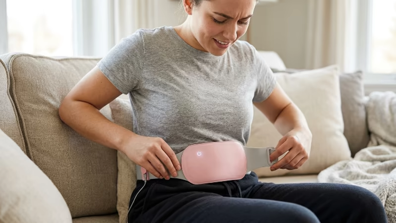 Cinturón para Cólicos: ¿Funciona? 7 Mujer ajustando el heat belt del cinturón para cólicos para sujetarlo correctamente en la zona abdominal