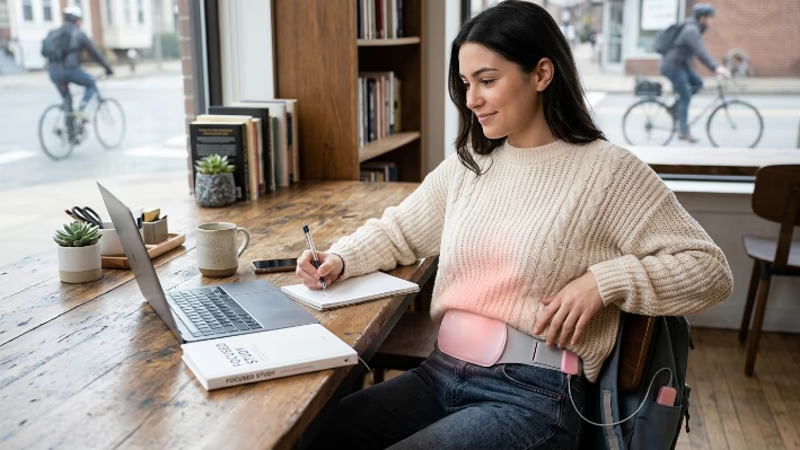 Cinturón para Cólicos: ¿Funciona? 9 Mujer trabajando con el cinturón para cólicos puesto debajo de la ropa sin que se note en la oficina.