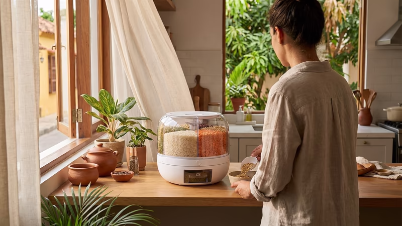 Mujer organizando granos en cocina de estilo rústico con dispensador rotativo redondo, cocina luminosa con plantas naturales y almacenamiento de arroz, lentejas rojas y frijoles verdes