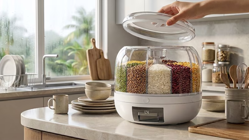 Dispensador de granos con tapa transparente abatible en cocina contemporánea, almacenamiento visible de arroz, lentejas, frijoles y mung beans para cocina organizada