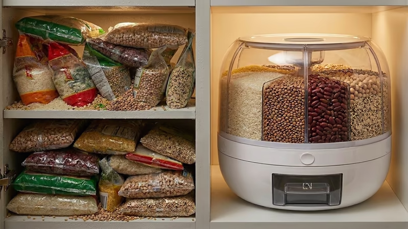 Comparación antes y después de organizar granos en cocina: despensa desordenada con bolsas vs dispensador redondo compacto con compartimientos para arroz, frijoles y legumbres en cocina limpia