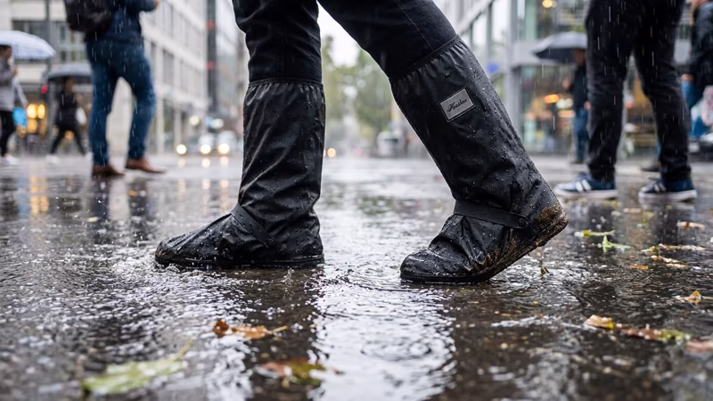 Cómo proteger tus zapatos de la lluvia en Bogotá sin gastar una fortuna 2 Fundas impermeables negras cubriendo zapatos en una calle inundada por la lluvia durante un aguacero urbano