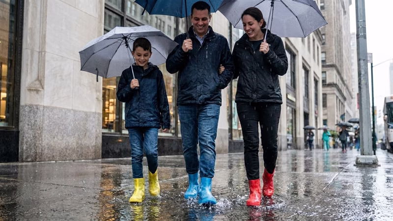 Cómo proteger tus zapatos de la lluvia en Bogotá sin gastar una fortuna 4 Familia caminando bajo paraguas con zapatones impermeables de colores sobre sus zapatos en una calle mojada por la lluvia