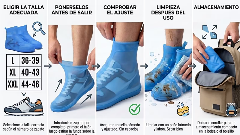 Cómo proteger tus zapatos de la lluvia en Bogotá sin gastar una fortuna 9 Infografía con los cinco pasos para colocar y cuidar correctamente los zapatones impermeables de silicona sobre los zapatos