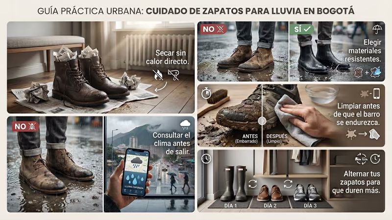 Cómo proteger tus zapatos de la lluvia en Bogotá sin gastar una fortuna 10 Guía práctica urbana con cinco consejos para el cuidado de zapatos ante la lluvia en Bogotá: secado, limpieza de barro y rotación del calzado.