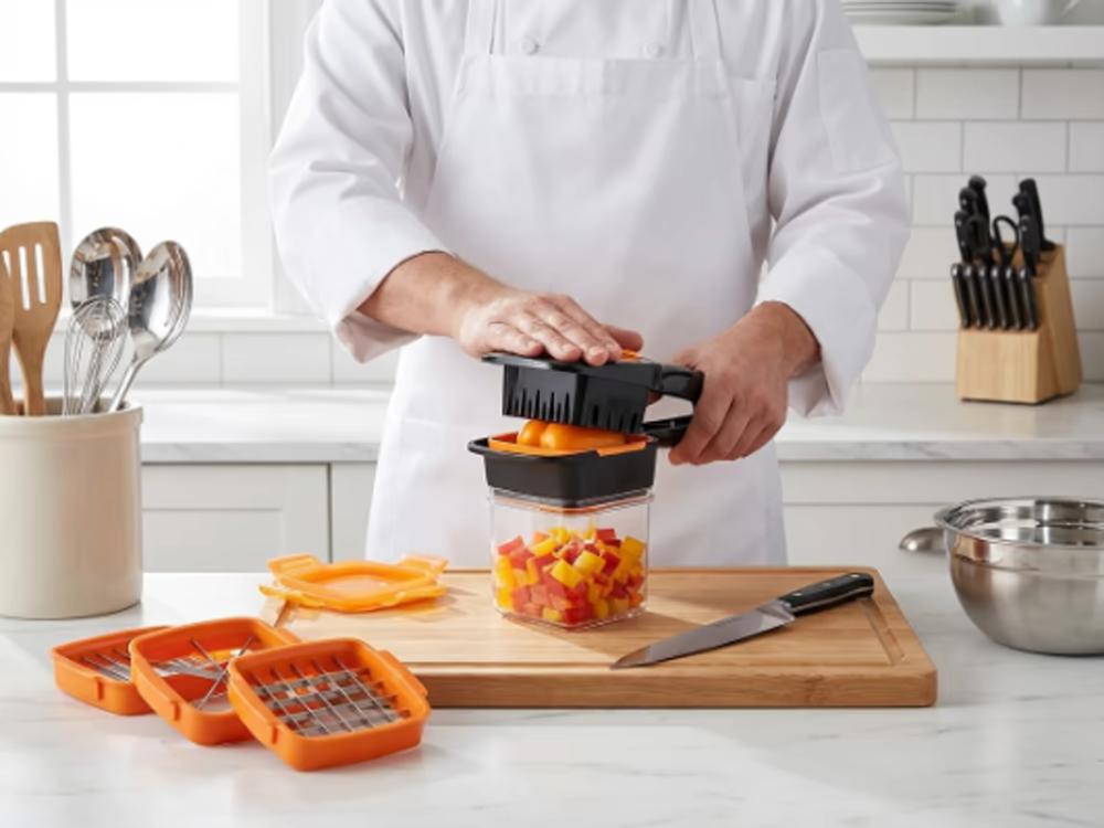 Cortar verduras: ¿Cómo hacerlo rápido y fácil? 9 Cocinero con uniforme blanco usando cortador de verduras para picar pimiento rojo y amarillo en cubos, con los accesorios intercambiables expuestos en la encimera