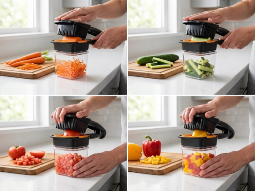 Cortar verduras: ¿Cómo hacerlo rápido y fácil? 10 Cuatro formas diferentes de cortar verduras y fruta con el mismo picador multifunción: juliana de zanahoria, bastones de pepino, tomate en cubos y mango troceado