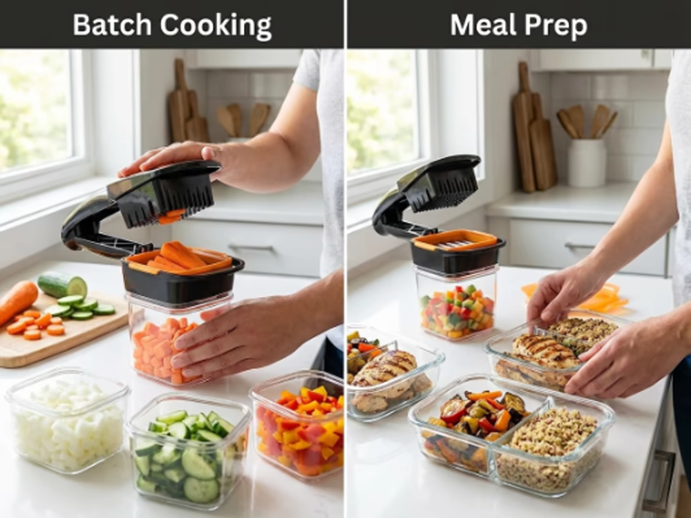 Cortar verduras: ¿Cómo hacerlo rápido y fácil? 11 Cortador de verduras en uso para batch cooking (izquierda) y resultado final en envases de meal prep con pollo y arroz listos para la semana (derecha).