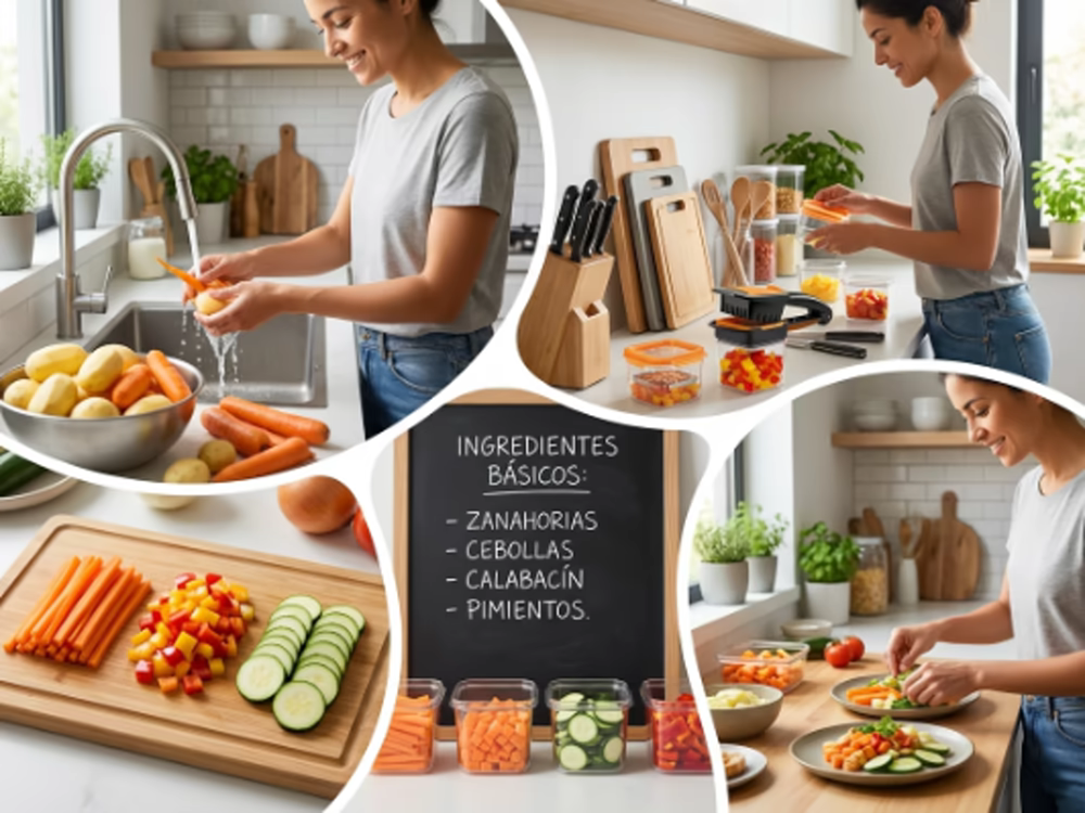 Cortar verduras: ¿Cómo hacerlo rápido y fácil? 15 Collage de mujer preparando la semana: lavando, organizando y cortando verduras como zanahoria, cebolla, calabacín y pimiento con lista de ingredientes básicos