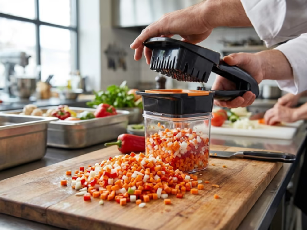Cortar verduras: ¿Cómo hacerlo rápido y fácil? 3 Chef profesional usando picador de verduras para cortes tipo brunoise, en cocina de restaurante para cortar zanahoria y pimiento.