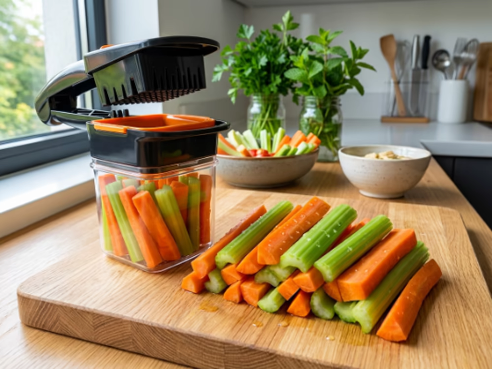 Cortador de verduras junto a bastones de zanahoria y apio recién cortados sobre tabla de madera, con bol de salsa y hierbas frescas al fondo