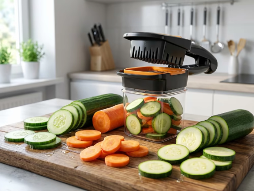 Cortar verduras: ¿Cómo hacerlo rápido y fácil? 5 7.png Picador manual para cortar verduras rodeado de rodajas de zanahoria y pepino sobre tabla de madera en cocina blanca minimalista.