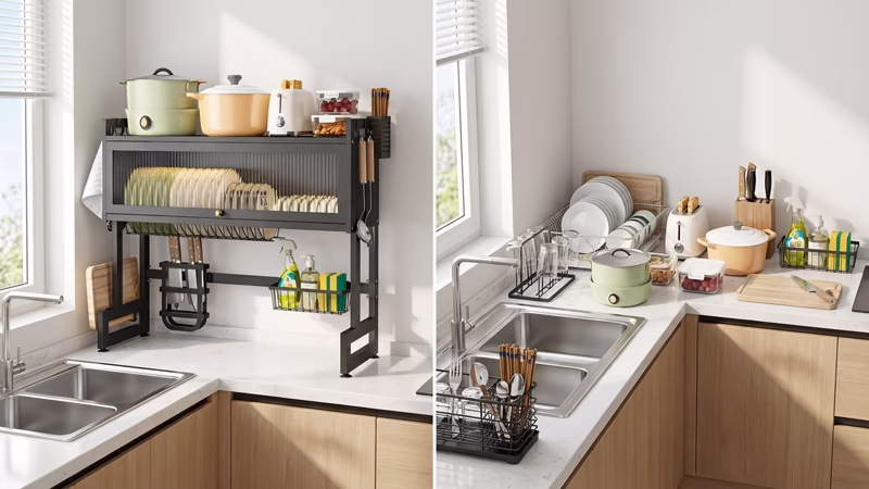 Organizador de cocina multifuncional sobre el fregadero con escurreplatos, portacuchillos, cesta para esponjas y estante superior para ollas en cocina moderna
