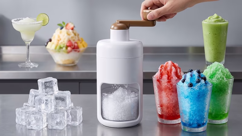 Procesadora de Granizado Ice: Sácale el Máximo Provecho. 3 Procesadora de granizado ice manual con cubos de hielo y granizados de fresa azul y verde recien preparados.