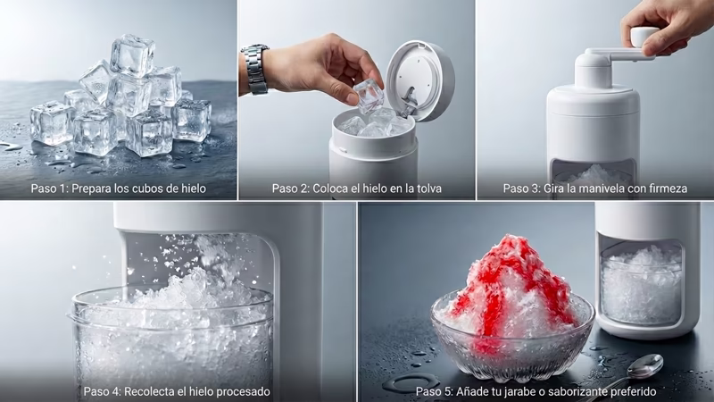 Procesadora de Granizado Ice: Sácale el Máximo Provecho. 2 Procesadora de granizado ice guia paso a paso: preparar hielo, cargar tolva, girar manivela, recolectar y saborizar.