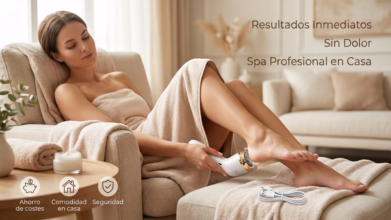 Como Usar el Quita Callos: Guia Practica para Eliminar Callos en Casa. 6 ujer usando quita callos eléctrico en casa con resultados inmediatos, sin dolor y comodidad de spa profesional