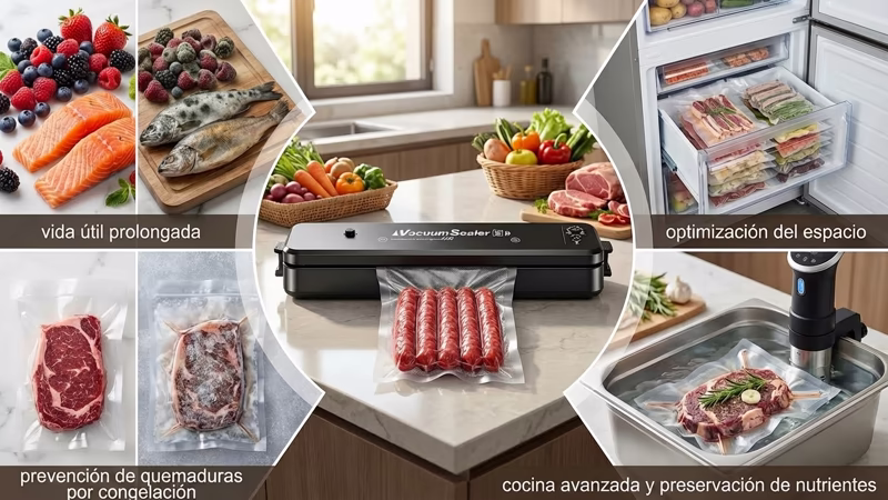 Selladora al vacío para alimentos con beneficios: vida útil prolongada, optimización del espacio, prevención de quemaduras por congelación y cocina sous vide.