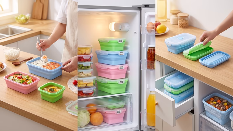 ¿Cómo guardar sobras de comida sin ocupar espacio en la nevera en Colombia? 6 Mujer organizando sobras de comida en recipientes coloridos sobre la encimera de cocina, nevera abierta con porta comida plegable 3 piezas apilados por colores y cajón ordenado con contenedores azules y verdes