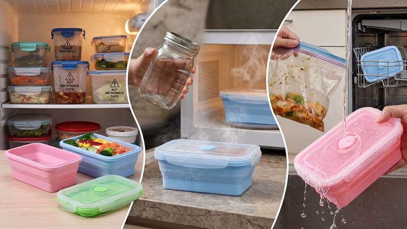 ¿Cómo guardar sobras de comida sin ocupar espacio en la nevera en Colombia? 5 Comparativa de métodos para guardar sobras de comida: tuppers rígidos con advertencia 'not microwave safe', frasco de vidrio y bolsa plástica versus porta comida plegable 3 piezas en microondas con vapor y lavado fácil en lavavajillas