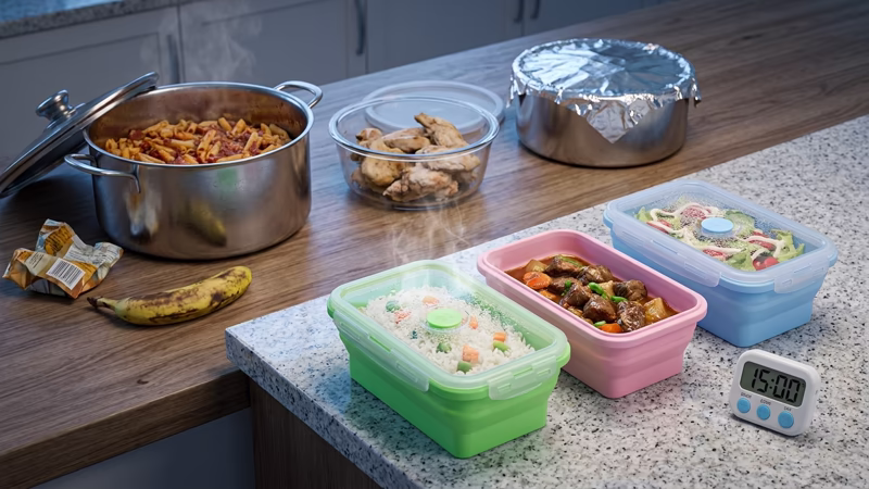 ¿Cómo guardar sobras de comida sin ocupar espacio en la nevera en Colombia? 1 Sobras de comida recién cocinadas enfriándose 15 minutos antes de refrigerar: ollas con pasta y caldo al fondo, y porta comida plegable 3 piezas en verde, rosado y azul listos para almacenar arroz, carne y ensalada con temporizador en 15 minutos